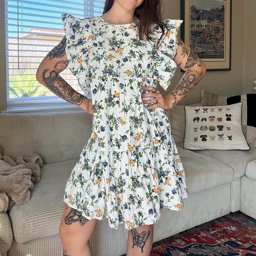Zara White Floral Ruffle Tiered Mini Dress sz Small